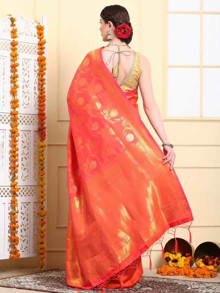 Flame Orange Banarasi Silk Saree