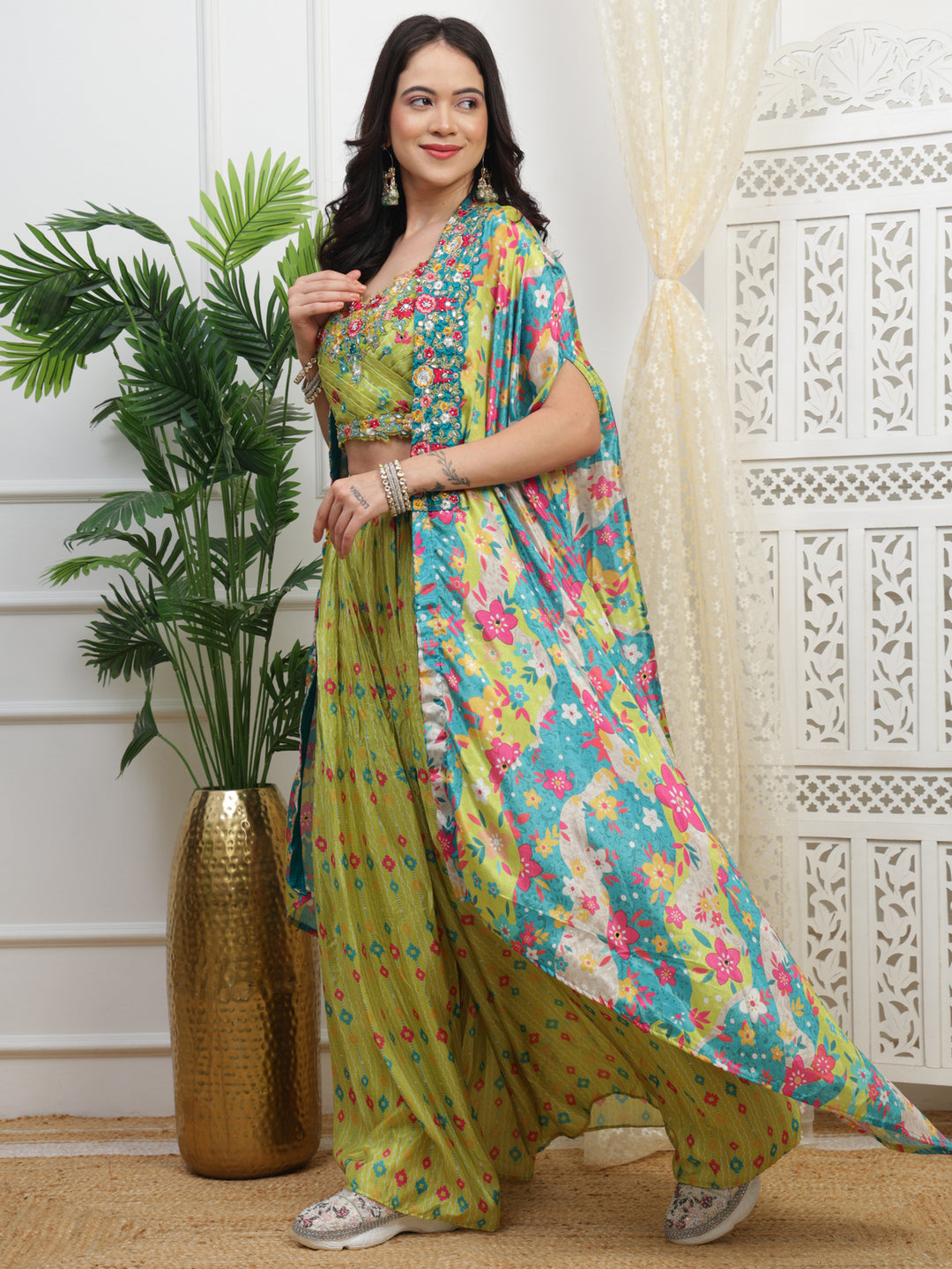 Neon Green Palazzo Cape Set