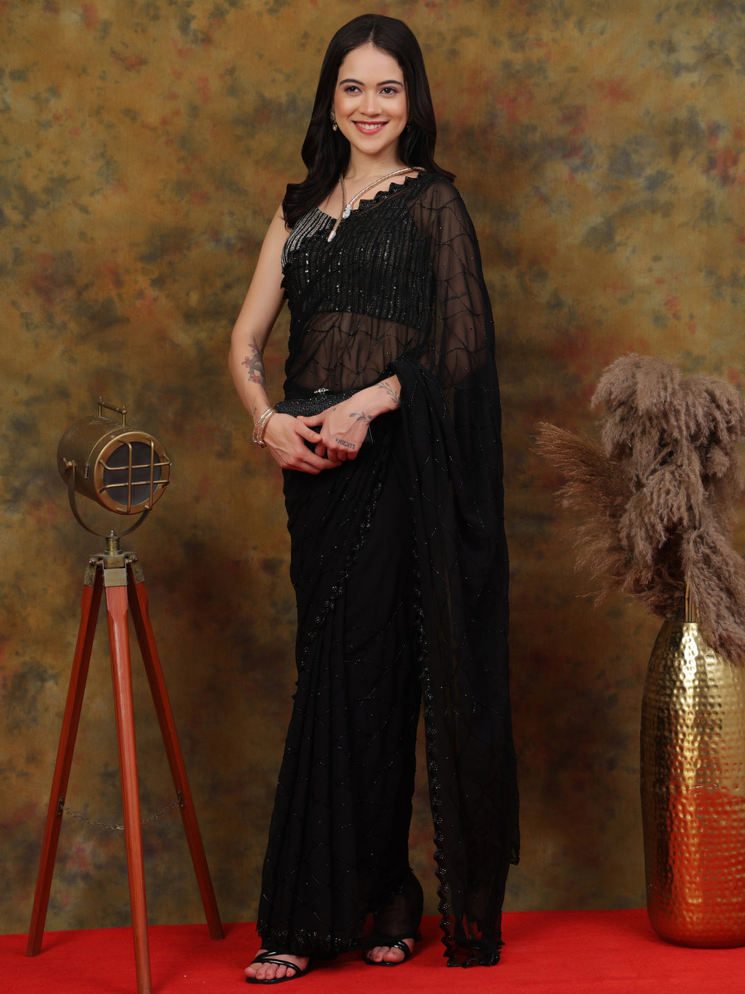 Black Georgette Sequin Saree