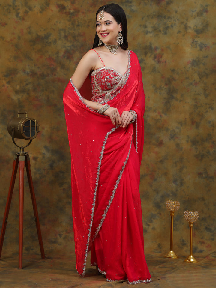 Ruby Red Satin Tissue Saree