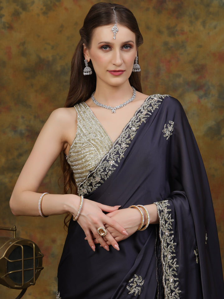 Steel Grey Satin Silk Saree