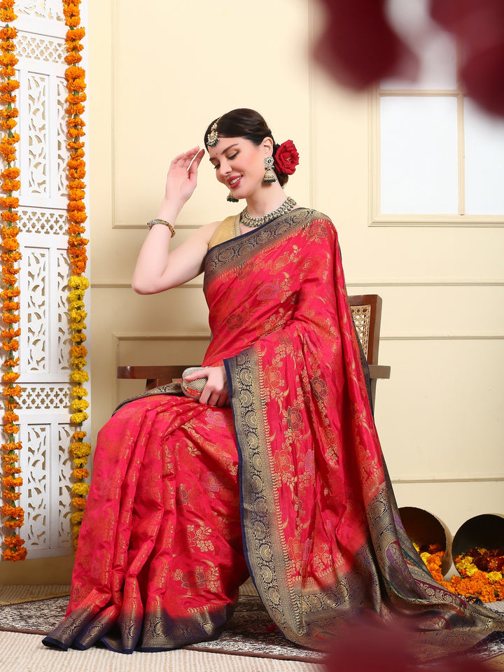Emerald Red Banarasi Kora Silk Saree