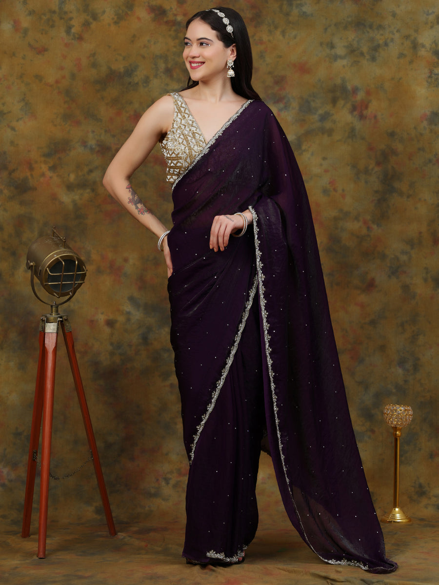 Deep Violet Satin Tissue Saree