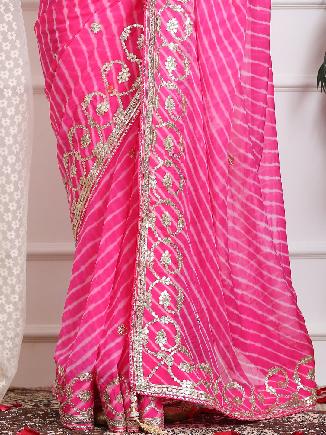 Bright Pink Leheriya Organza Saree