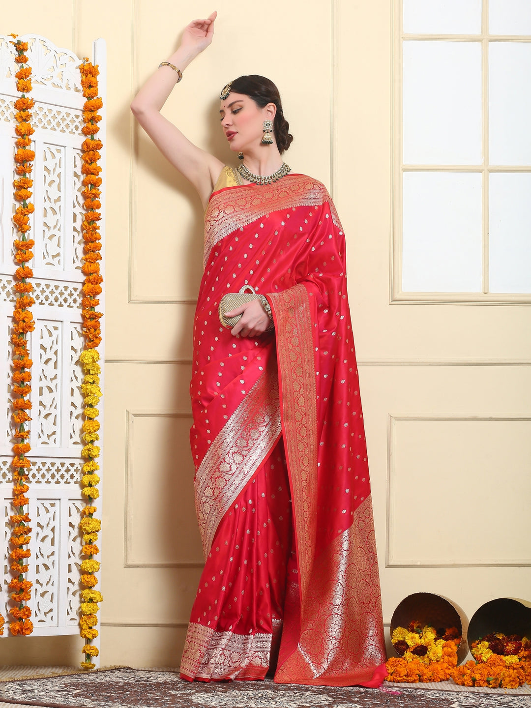 Ruby Red Banarasi Mashru Silk Saree