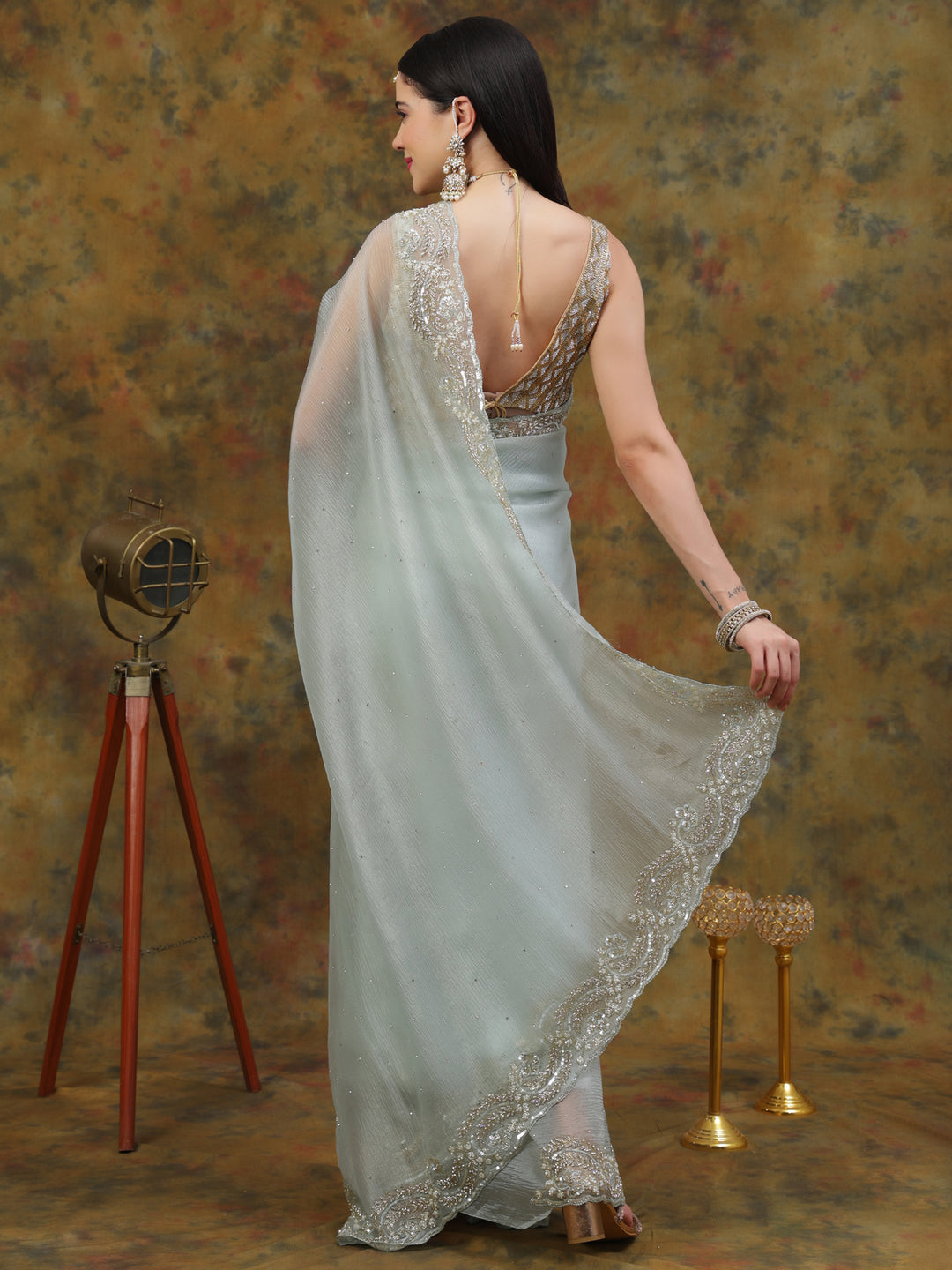 Mint Green Crepe Chiffon Saree