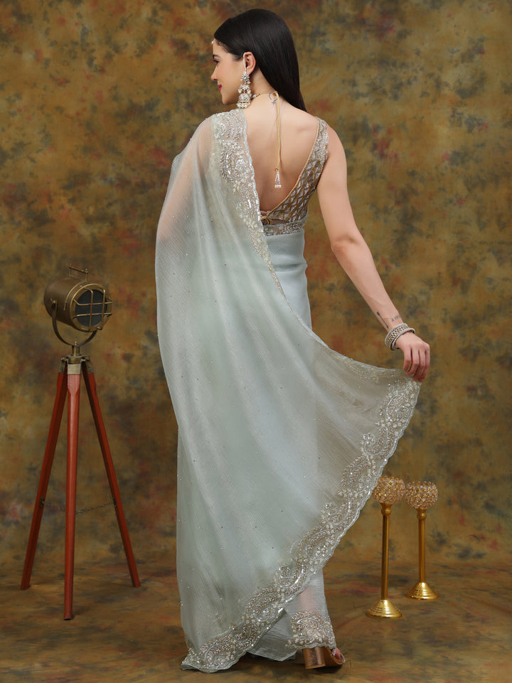 Mint Green Crepe Chiffon Saree