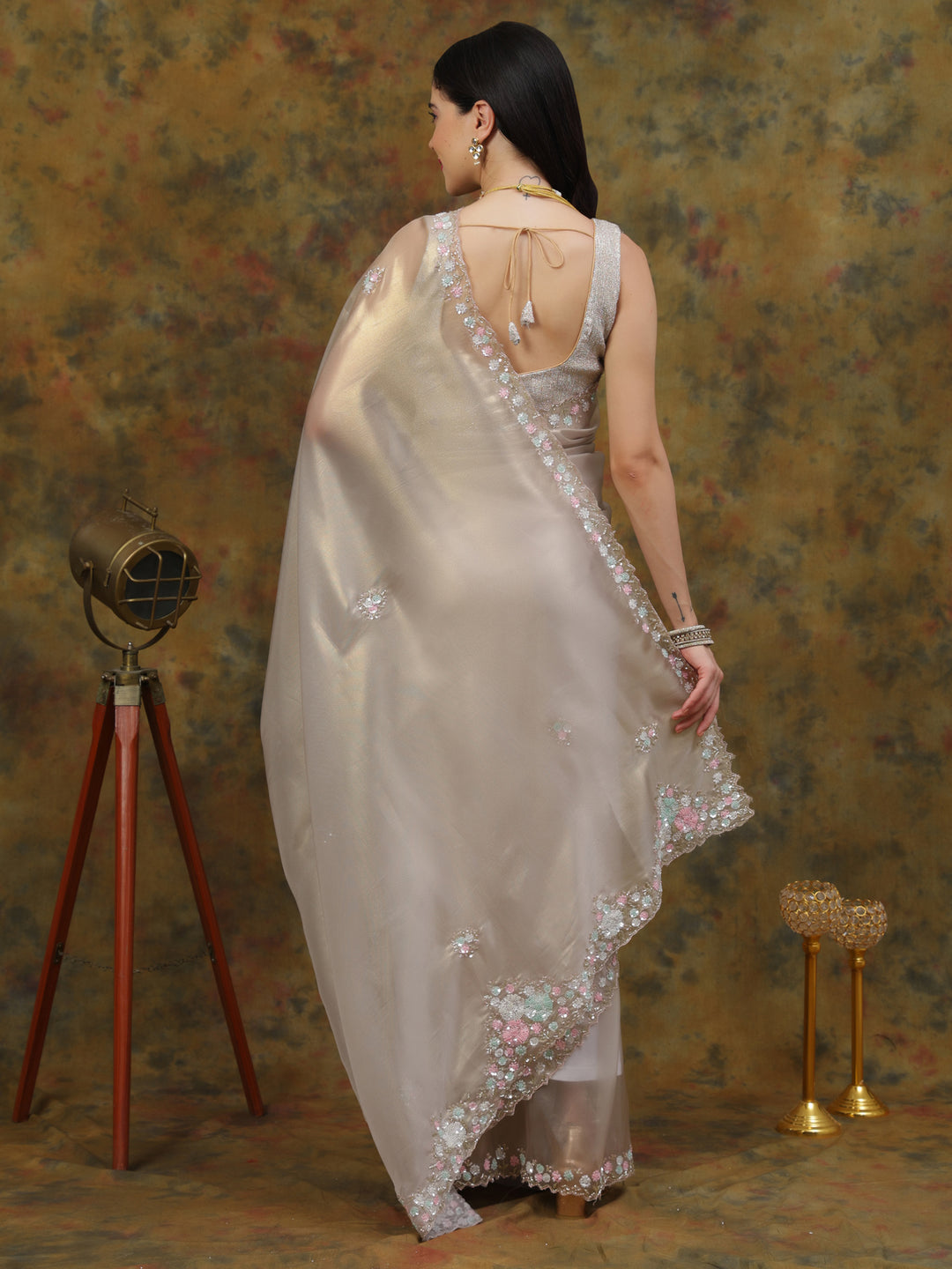 Silver Organza Tissue Saree