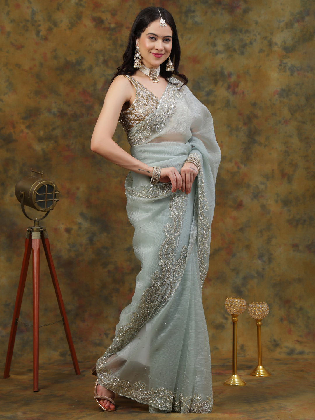 Mint Green Crepe Chiffon Saree