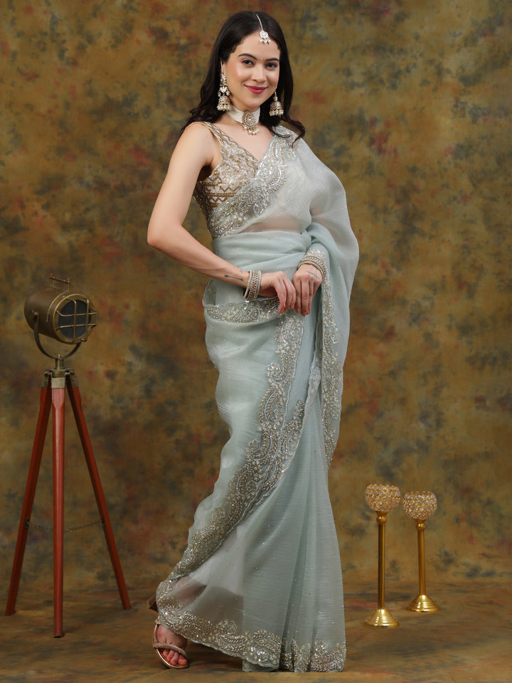 Mint Green Crepe Chiffon Saree