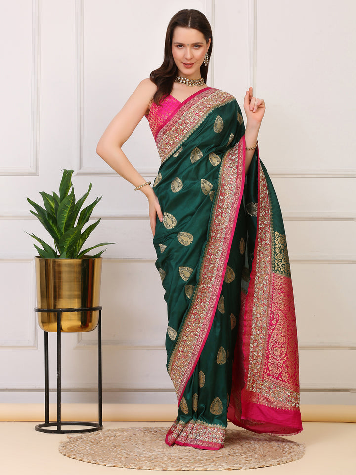 Green and Pink Katan Silk Saree