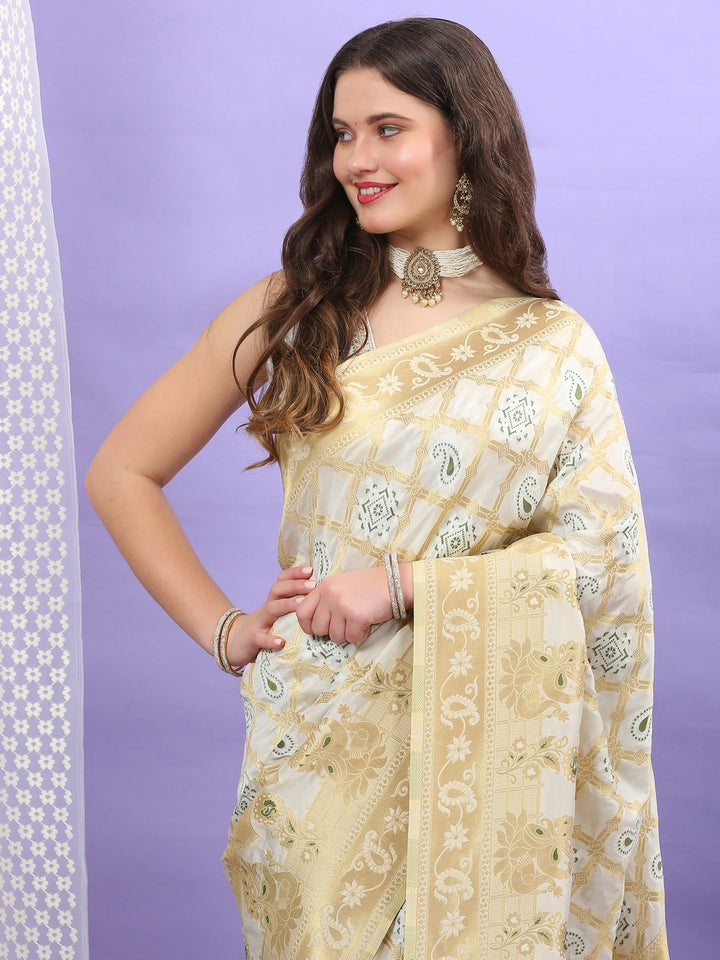 Cream Katan Silk Saree