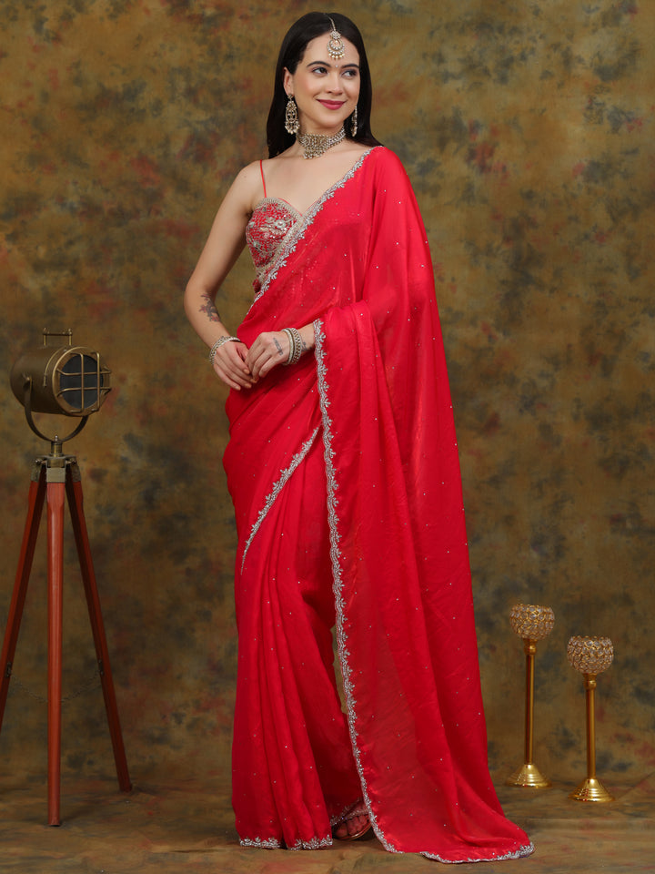 Ruby Red Satin Tissue Saree