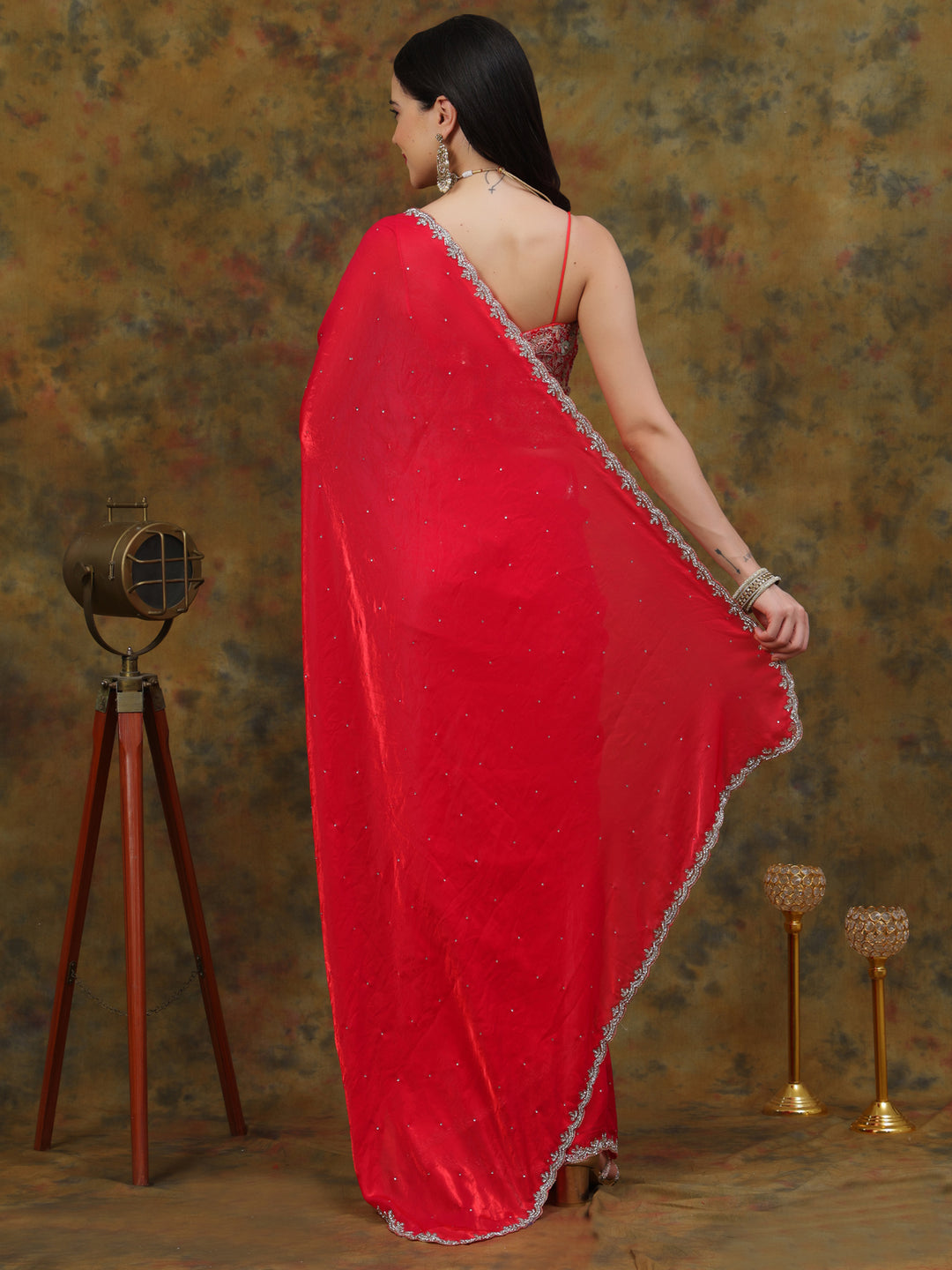 Ruby Red Satin Tissue Saree