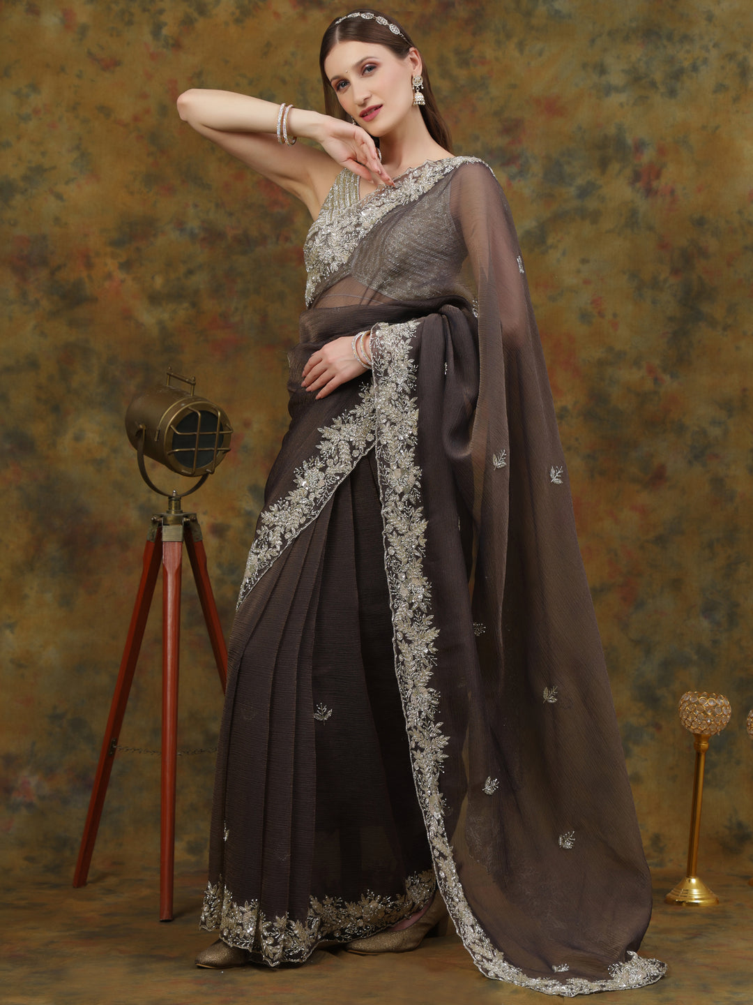 Charcoal Grey Crepe Chiffon Saree