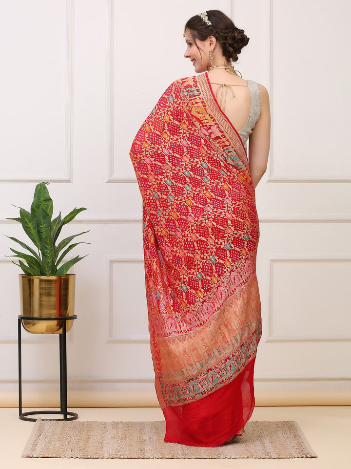 Red Khaddi Georgette Banarasi Bhandej Saree