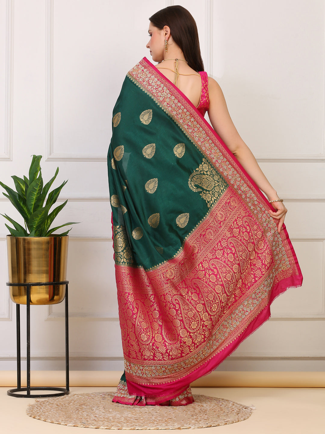 Green and Pink Katan Silk Saree