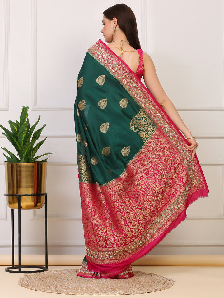 Green and Pink Katan Silk Saree
