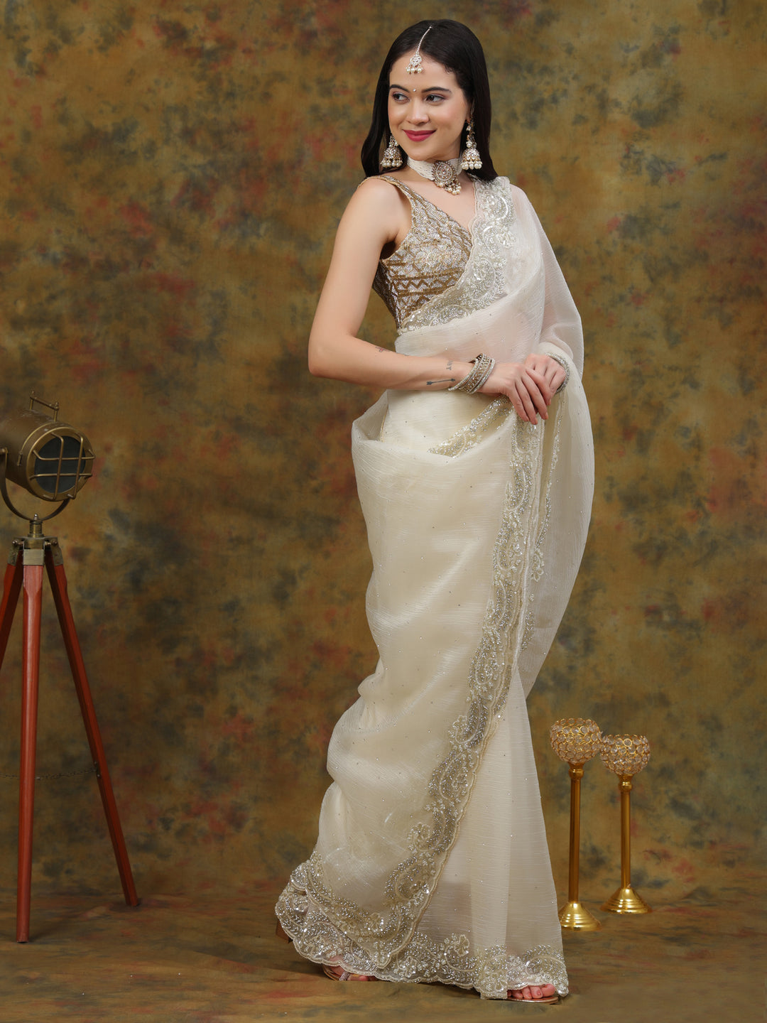Ivory Crepe Chiffon Saree