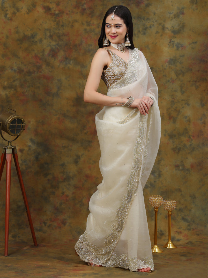 Ivory Crepe Chiffon Saree