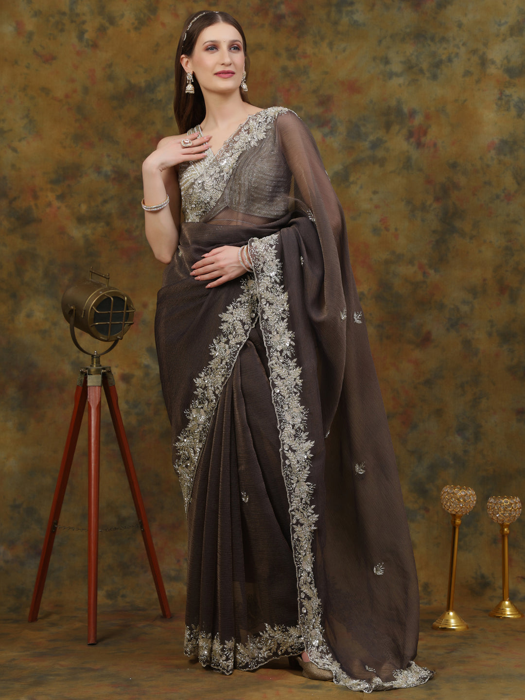 Charcoal Grey Crepe Chiffon Saree