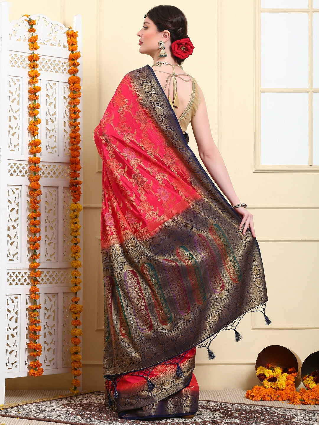 Emerald Red Banarasi Kora Silk Saree