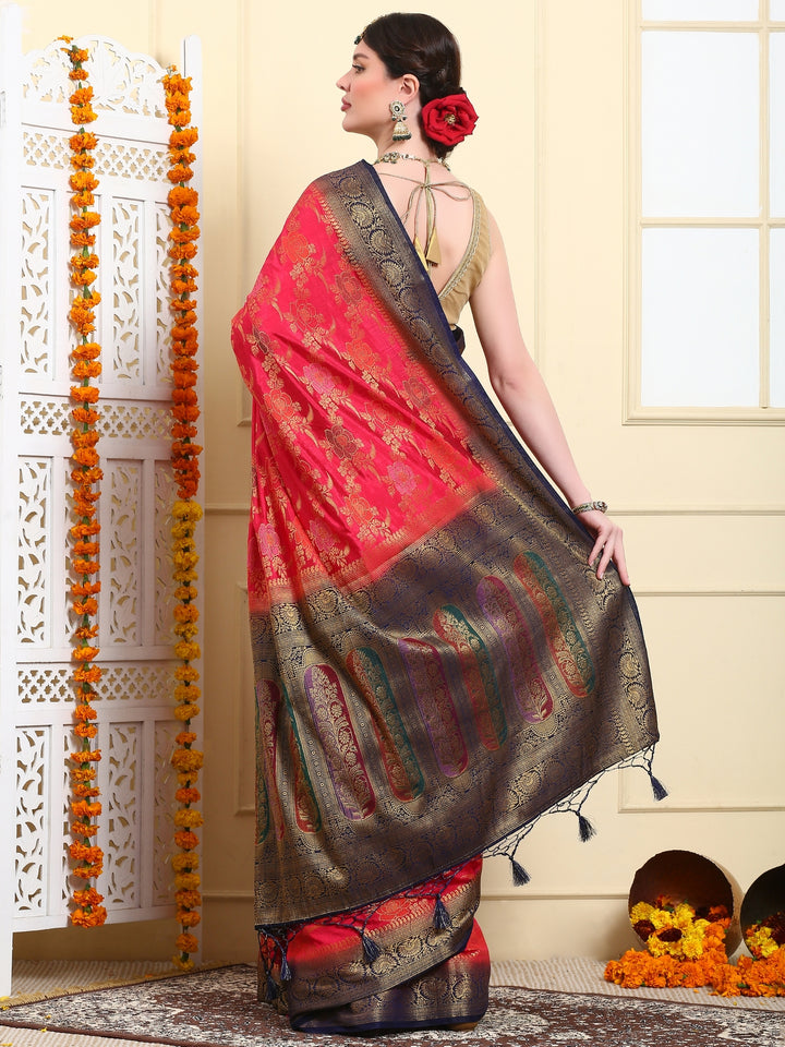 Emerald Red Banarasi Kora Silk Saree