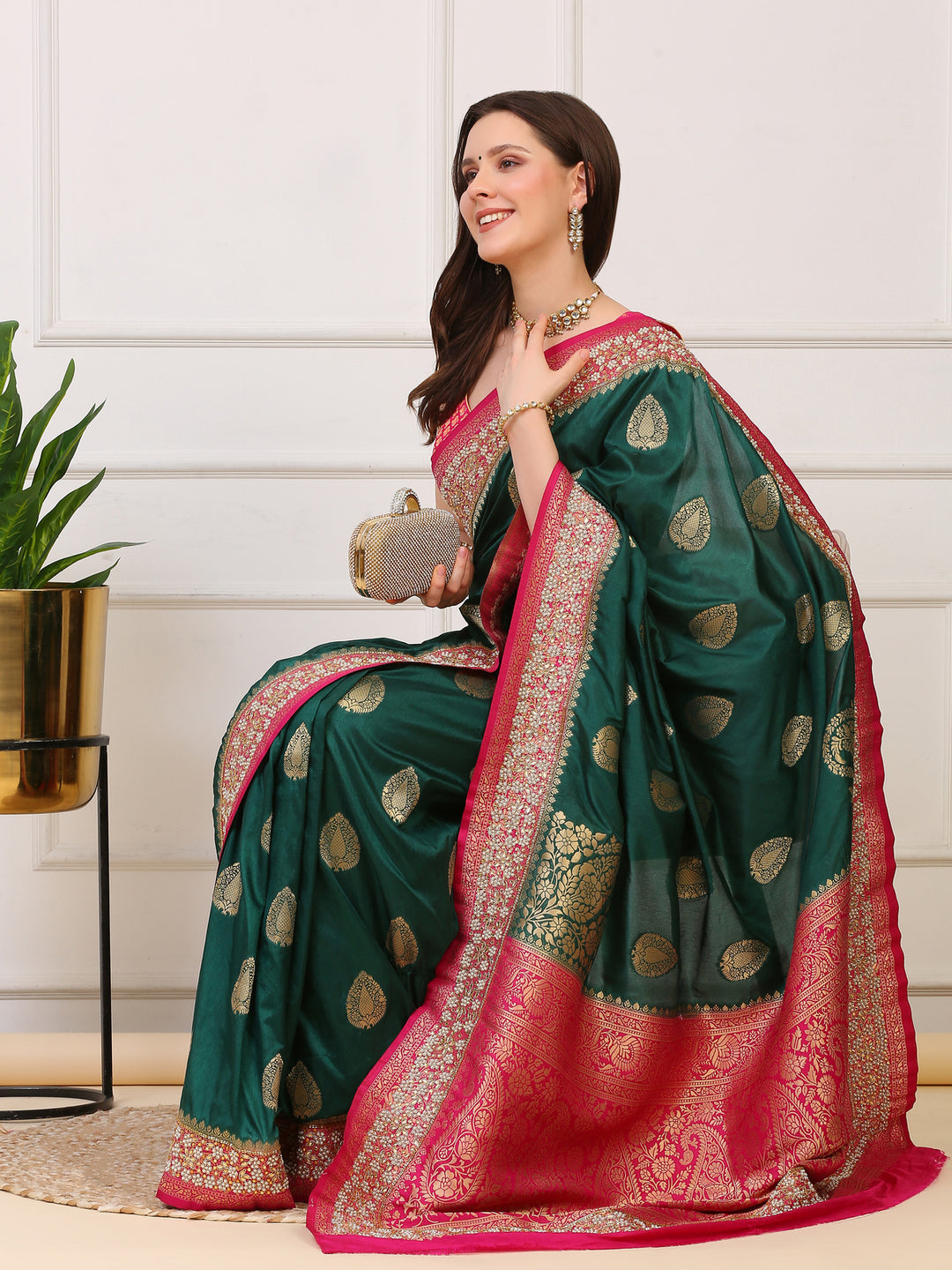 Green and Pink Katan Silk Saree