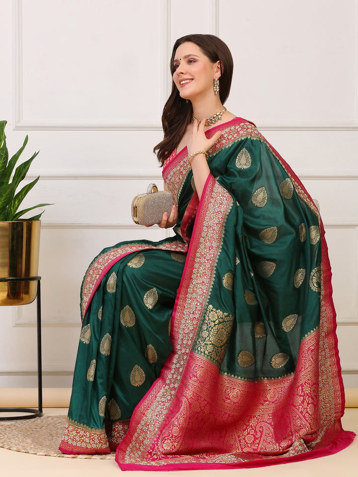 Green and Pink Katan Silk Saree