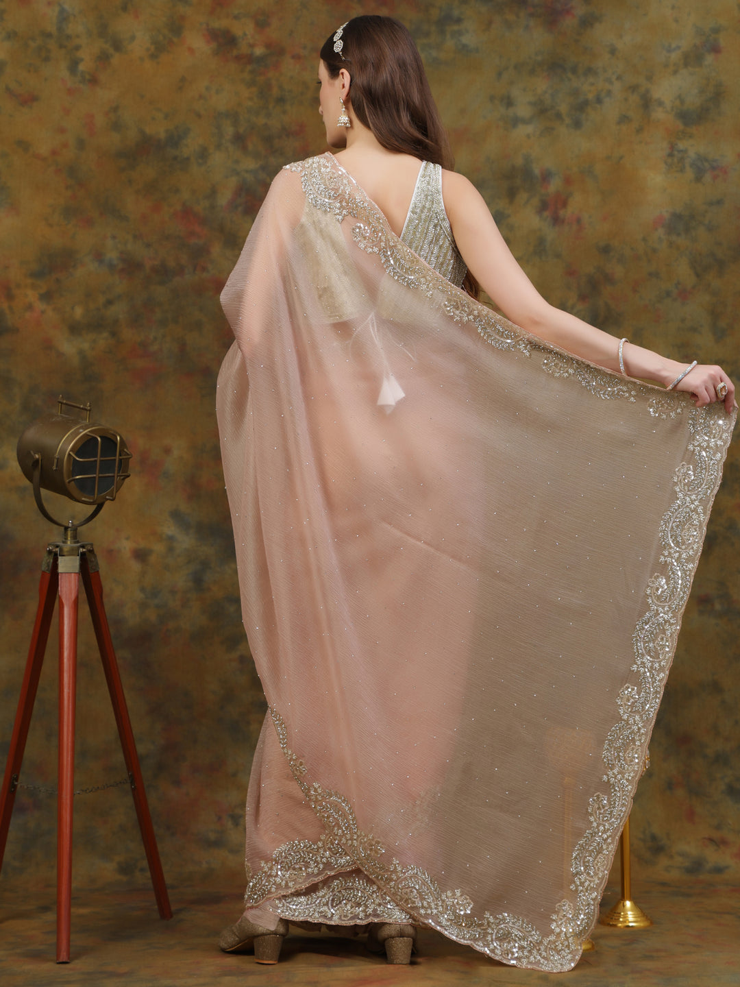 Peach Crepe Chiffon Saree
