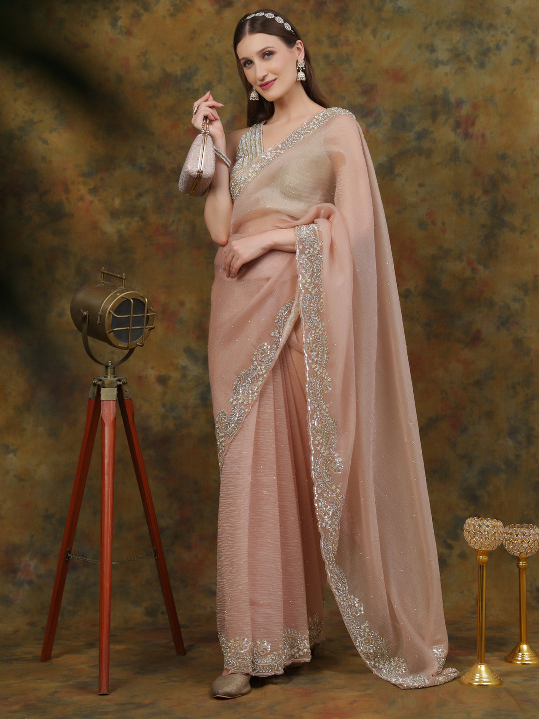 Peach Crepe Chiffon Saree