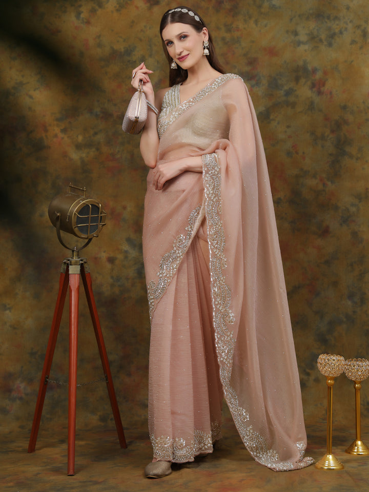 Peach Crepe Chiffon Saree