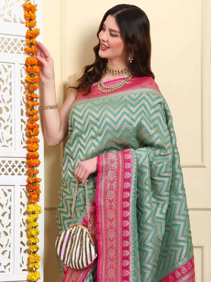 Turquoise Blue Zari Leheriya Saree