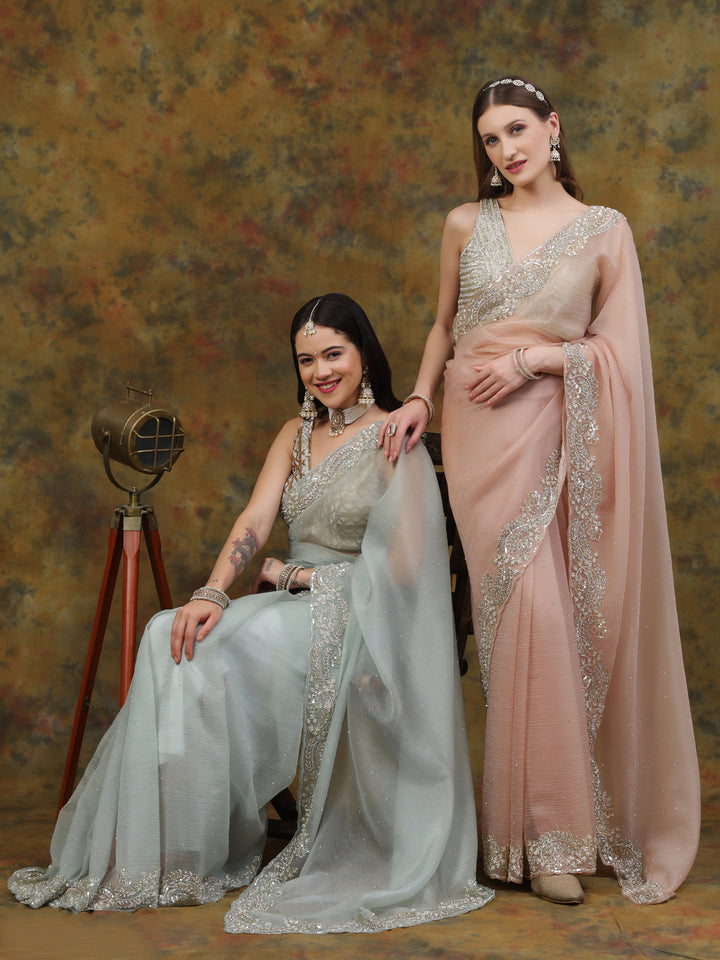 Mint Green Crepe Chiffon Saree