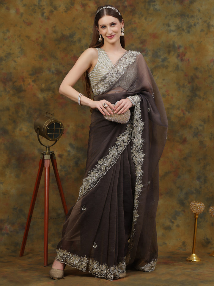 Charcoal Grey Crepe Chiffon Saree