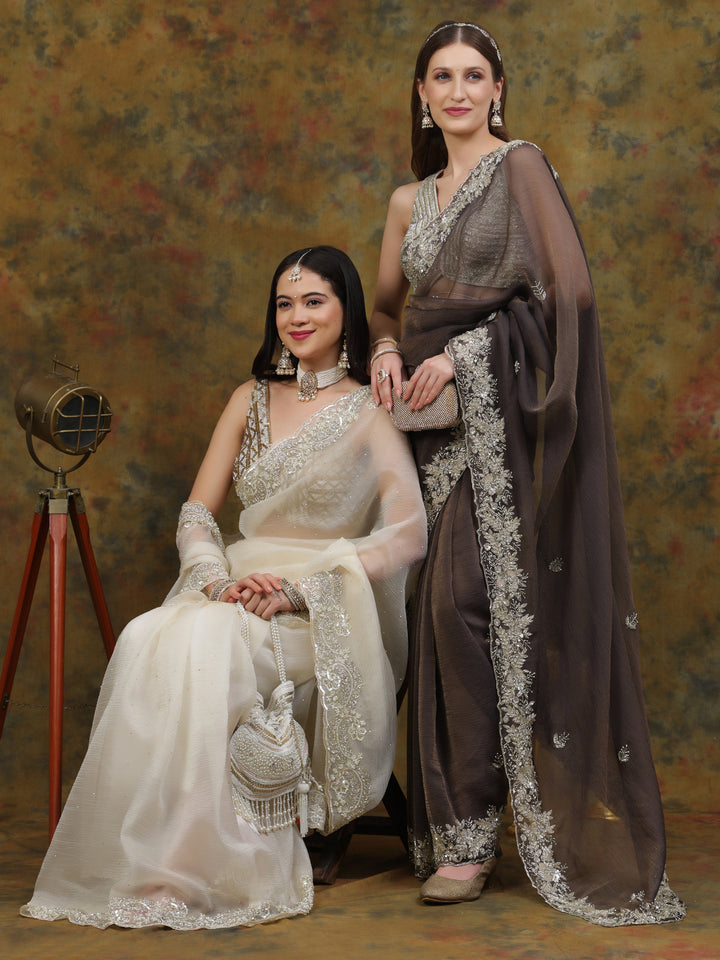 Ivory Crepe Chiffon Saree