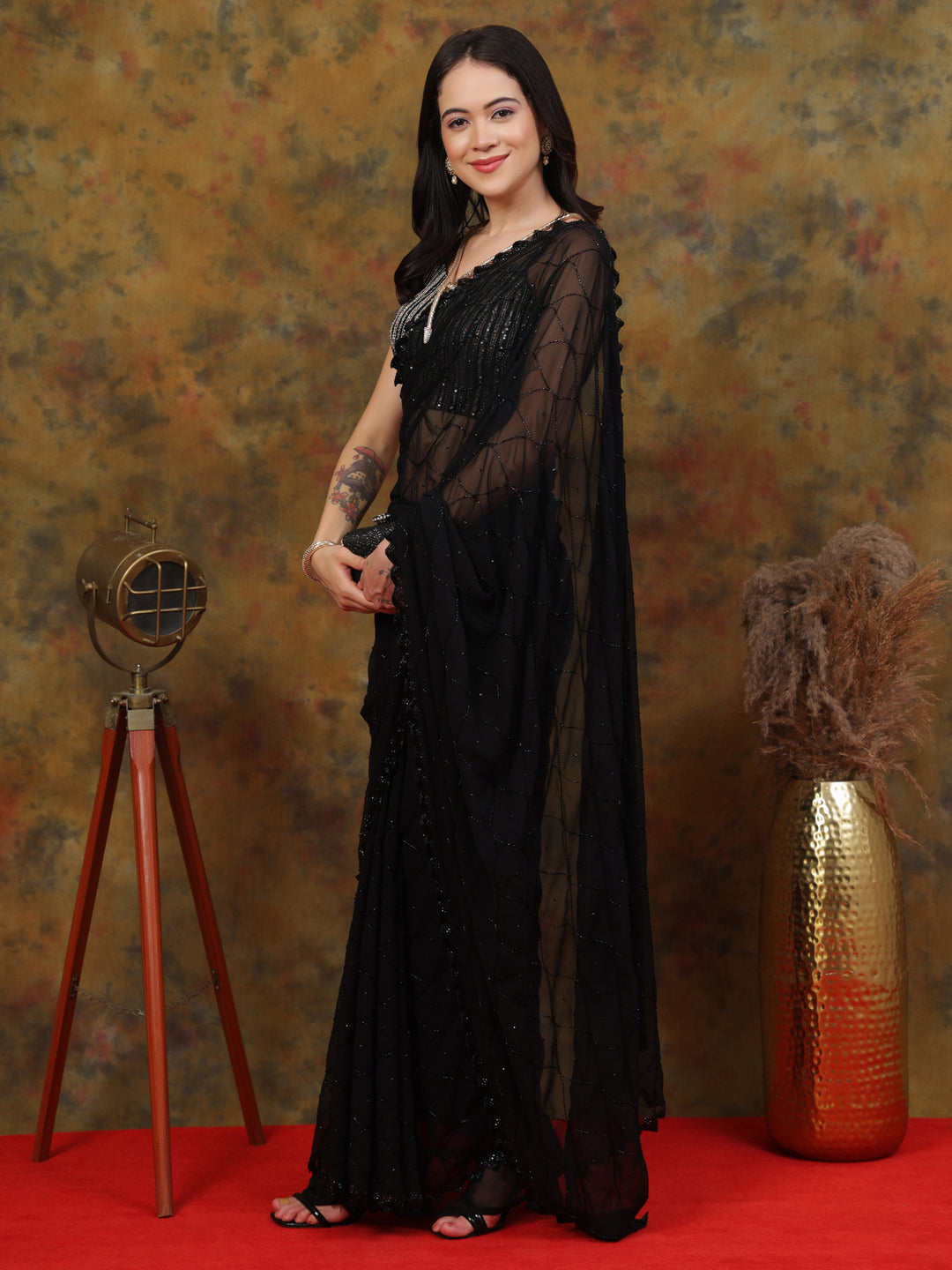Black Georgette Sequin Saree