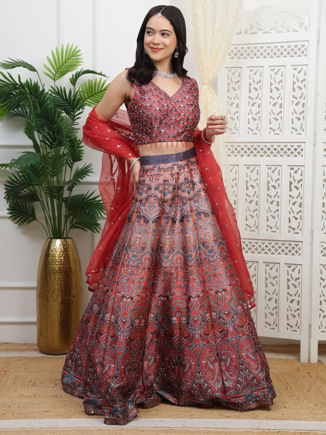 Red Printed Lehenga