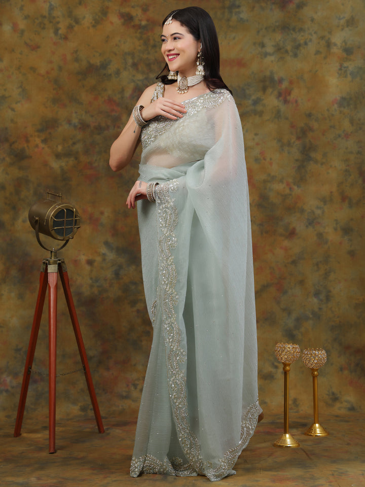 Mint Green Crepe Chiffon Saree
