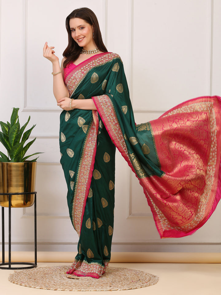 Green and Pink Katan Silk Saree