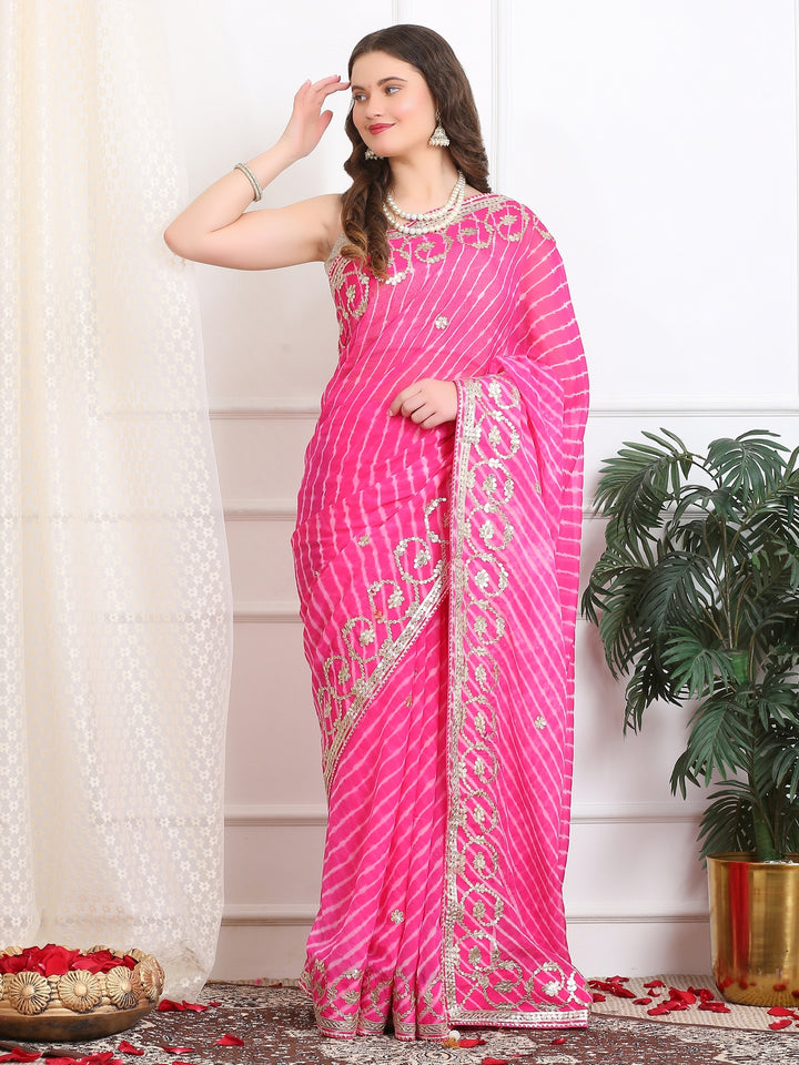 Bright Pink Leheriya Organza Saree