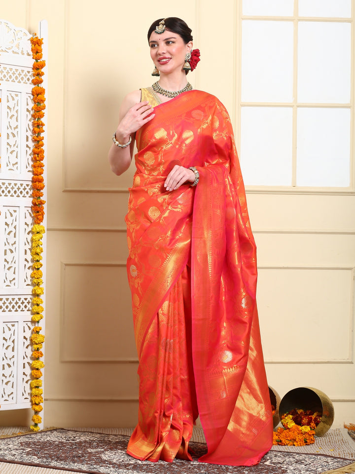 Flame Orange Banarasi Silk Saree