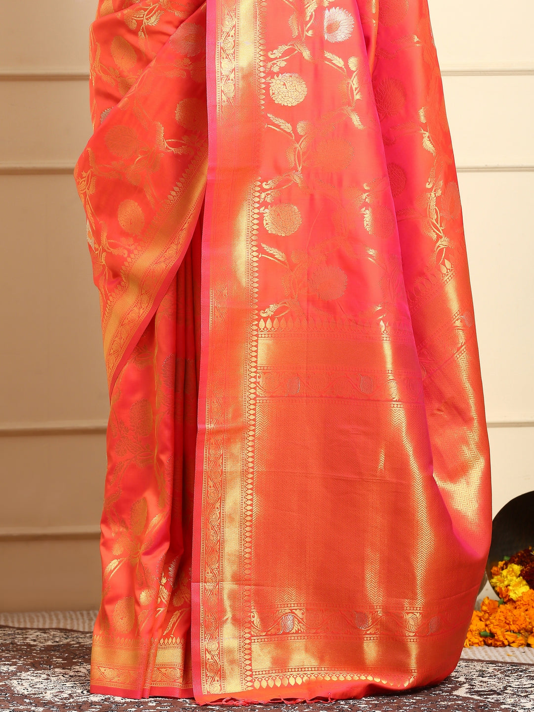 Flame Orange Banarasi Silk Saree