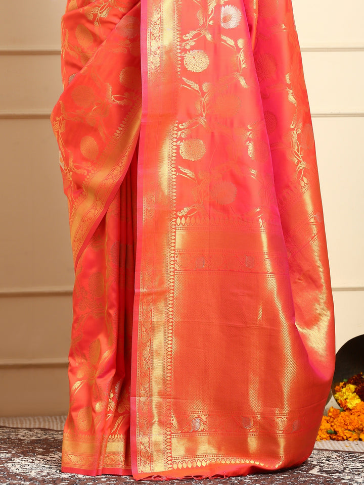 Flame Orange Banarasi Silk Saree