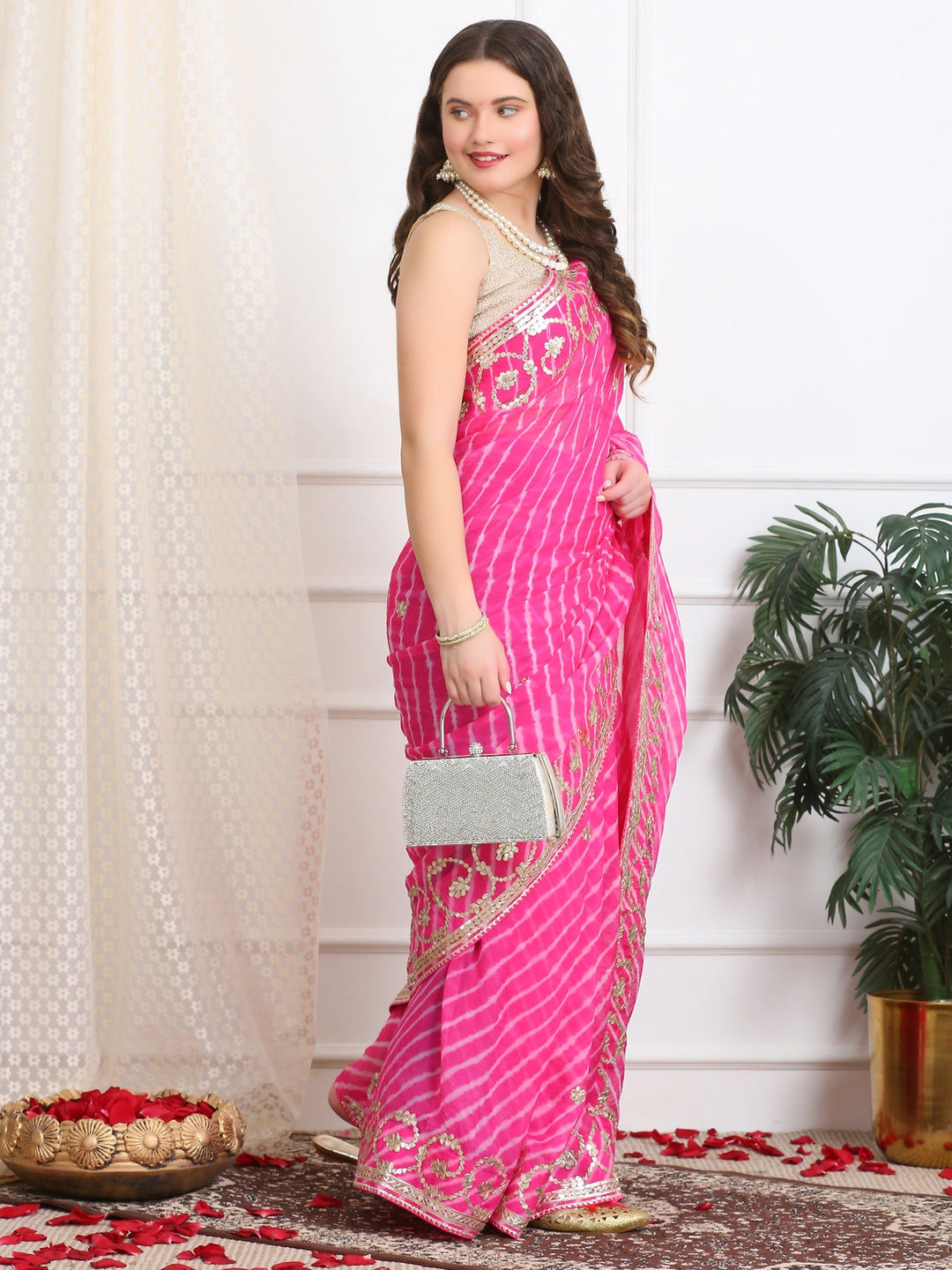 Bright Pink Leheriya Organza Saree