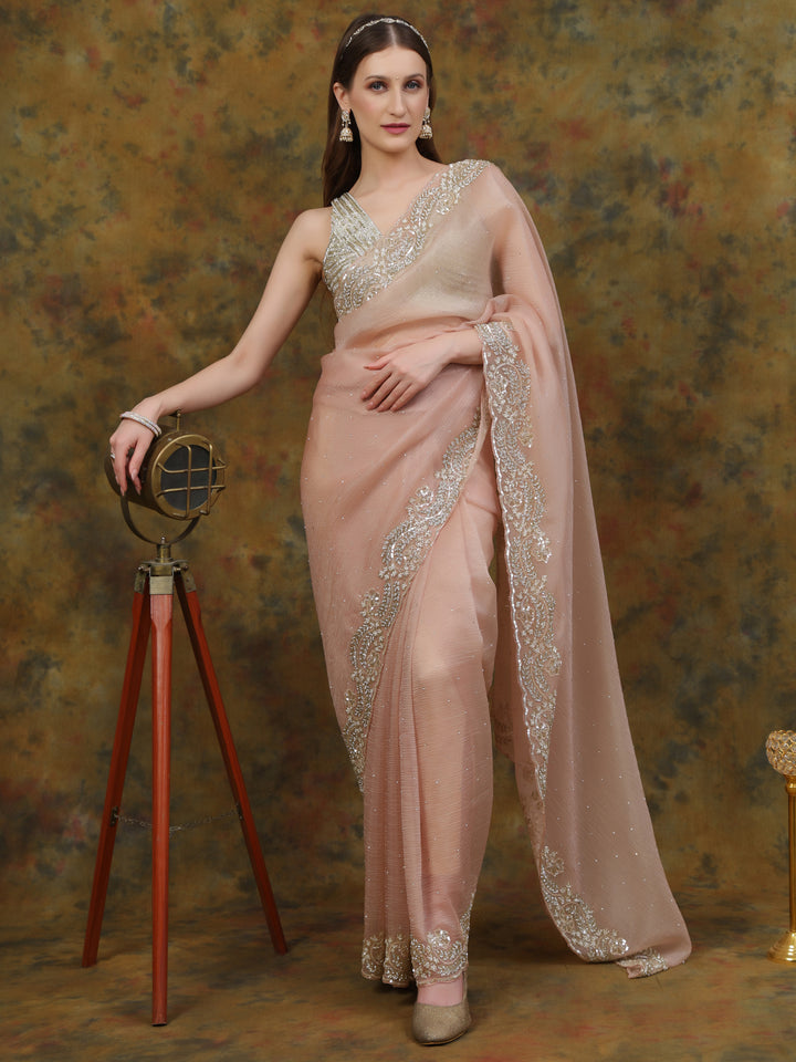Peach Crepe Chiffon Saree