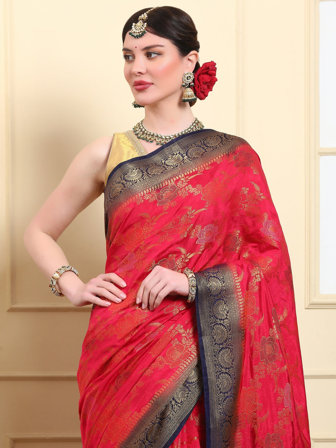 Emerald Red Banarasi Kora Silk Saree