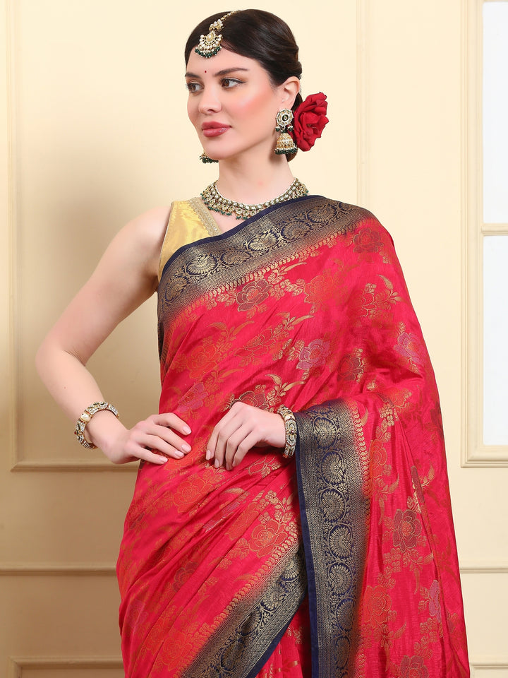 Emerald Red Banarasi Kora Silk Saree