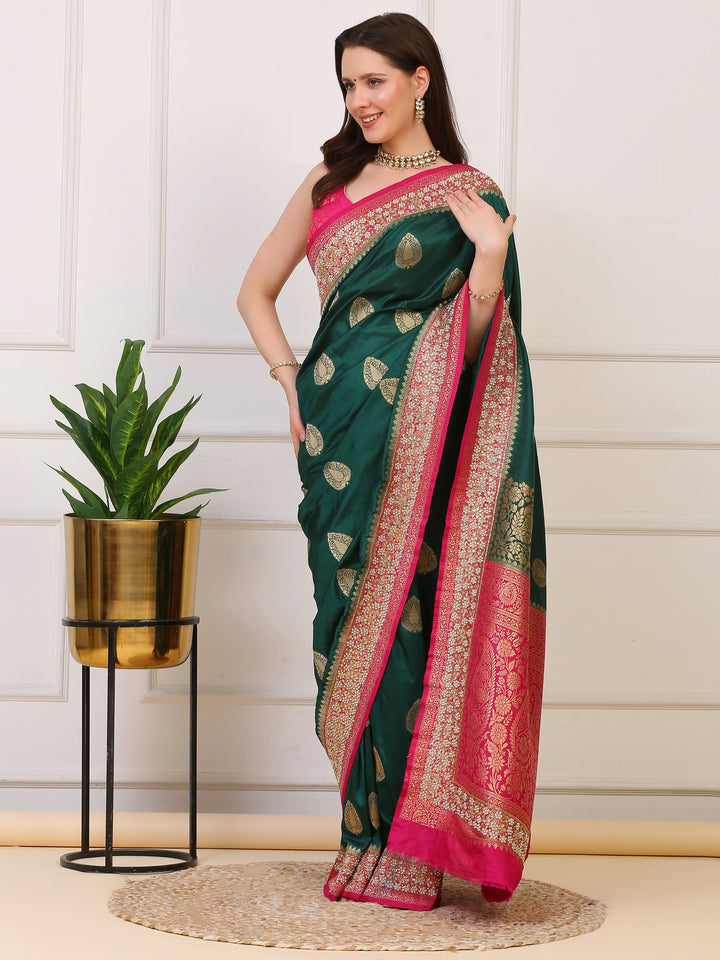 Green and Pink Katan Silk Saree