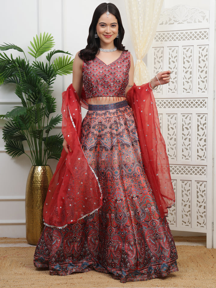 Red Printed Lehenga
